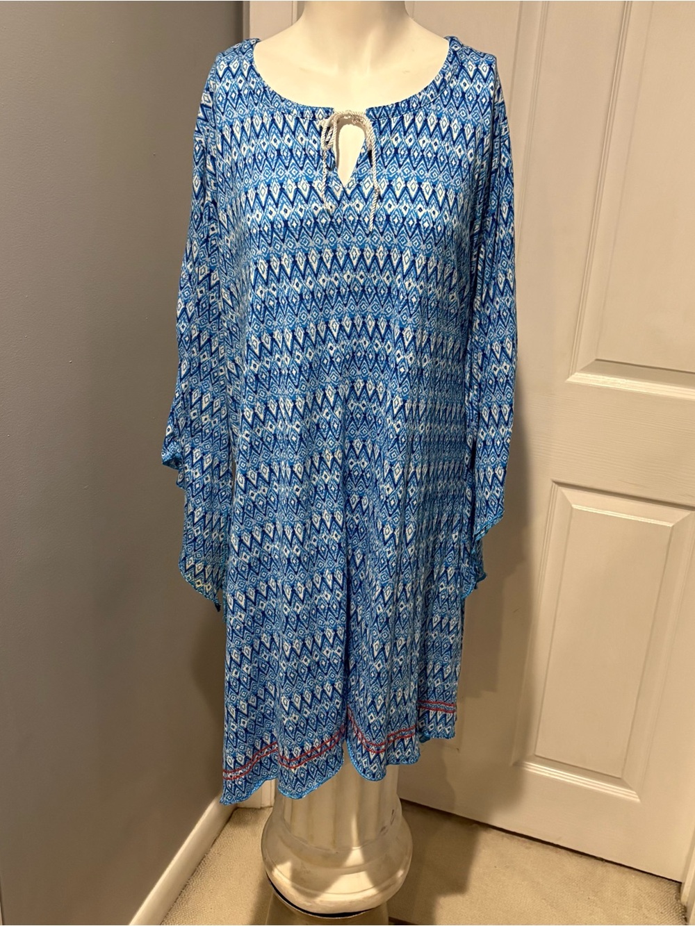 Ellen Tracy Blue Printed Long Bell Sleeve Tunic SunDress S S/XL